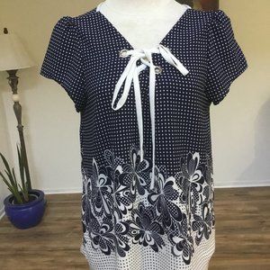 TOGETHER CLOTHING Printed Flowers Hem Polka Dot Top Blouse Short Sleeve  M
